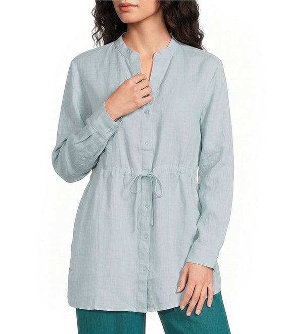 Eileen Fisher Organic Handkerchief Linen Split V-Neck Long Sleeve Cinched Waist Shirt Product Image