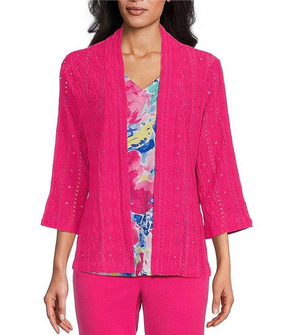 Allison Daley 3/4 Sleeve Open-Front Eyelet Knit Cardigan Product Image