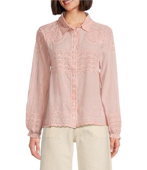 Reba Fancy Woven Point Collar Long Blouson Sleeve Scalloped Lace Button Front Top Product Image