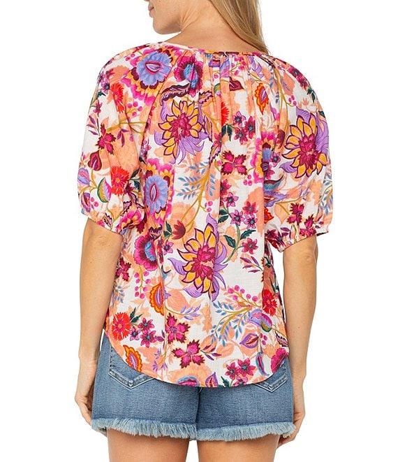 Liverpool Los Angeles Woven Floral Split V-Neck Short Sleeve Button-Front Blouse Product Image