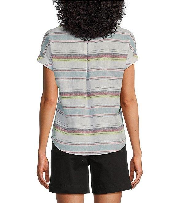 Westbound Petite Size Meadow Stripe Short Sleeve V-Neck Tie Front Top Product Image