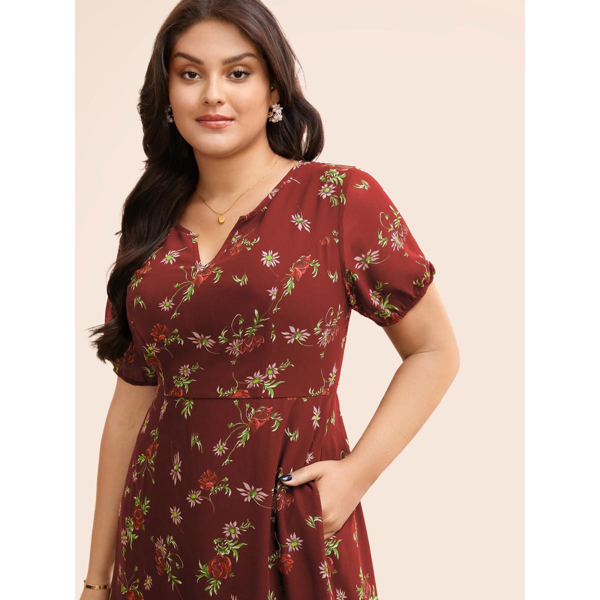 Plus Size Floral Notched Chiffon Mesh Midi Dress Burgundy Women Timeless See through Notched collar Short sleeve Curvy BloomChic 14-16/1X Product Image