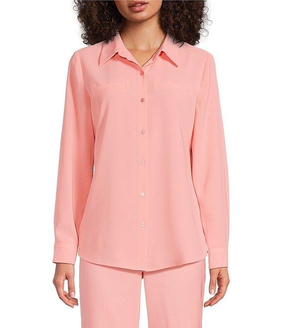 Alex Marie Piper Lightweight Soft Crepe de Chine Point Collar Long Sleeve Button Front Top Product Image