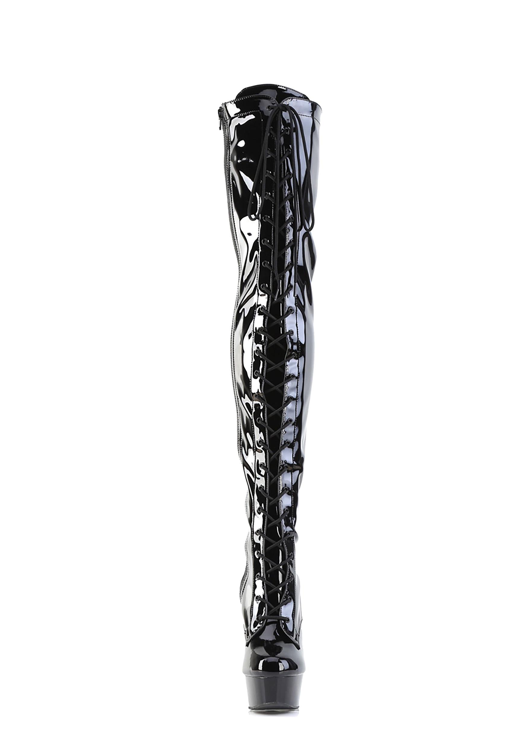 Pleaser Delight-3023 Lace-Up Stretch Vinyl Boots - Black Product Image