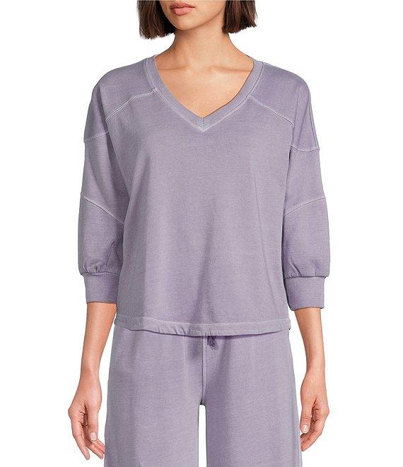 Westbound Knit 3/4 Sleeve V-Neck Stripe Detail Top Product Image