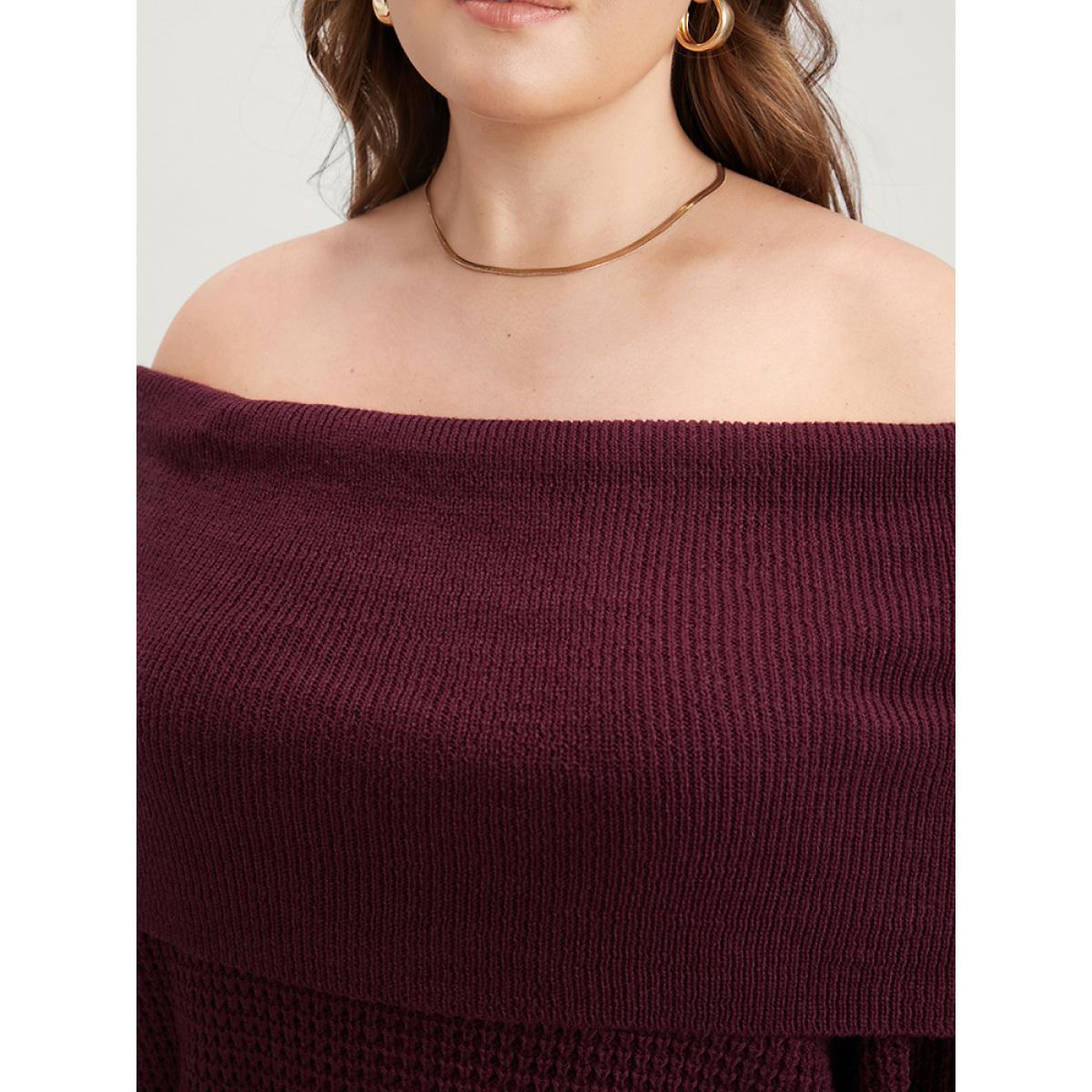 Plus Size Solid Pointelle Knit Arc Hem Off Shoulder Knit Top Scarlet Women Elegant Loose Long Sleeve One-shoulder neck Dailywear Pullovers BloomChic 22-24/3X Product Image
