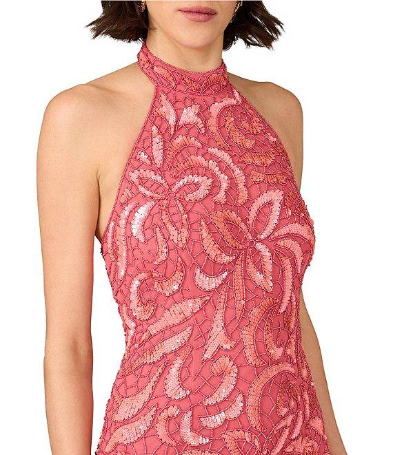 Aidan Mattox Halter Sleeveless Floral Beaded Mesh Sheath Dress Product Image