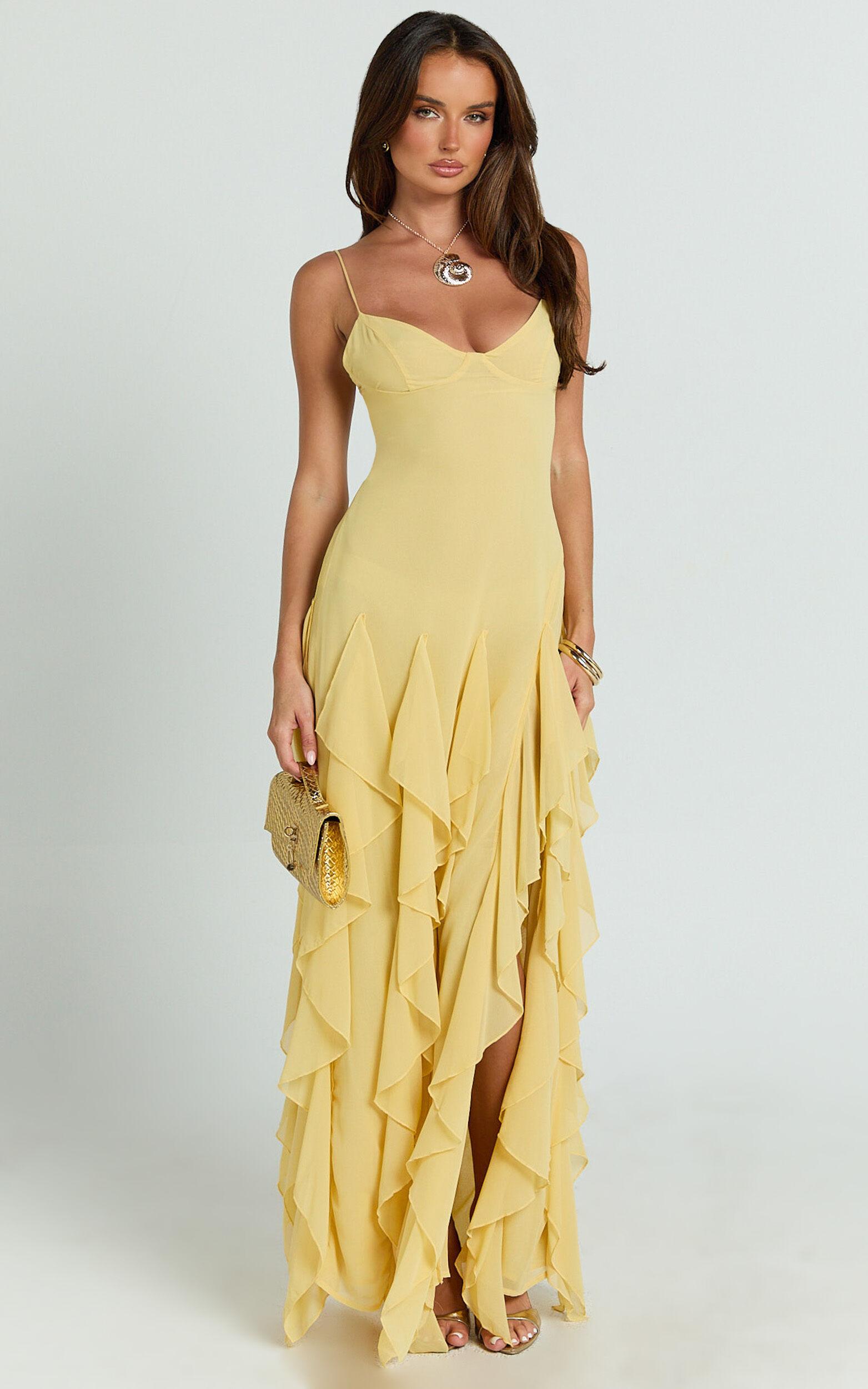 Maeve Maxi Dress - V Neck Ruffle Tier Slip Dress in Lemon Product Image