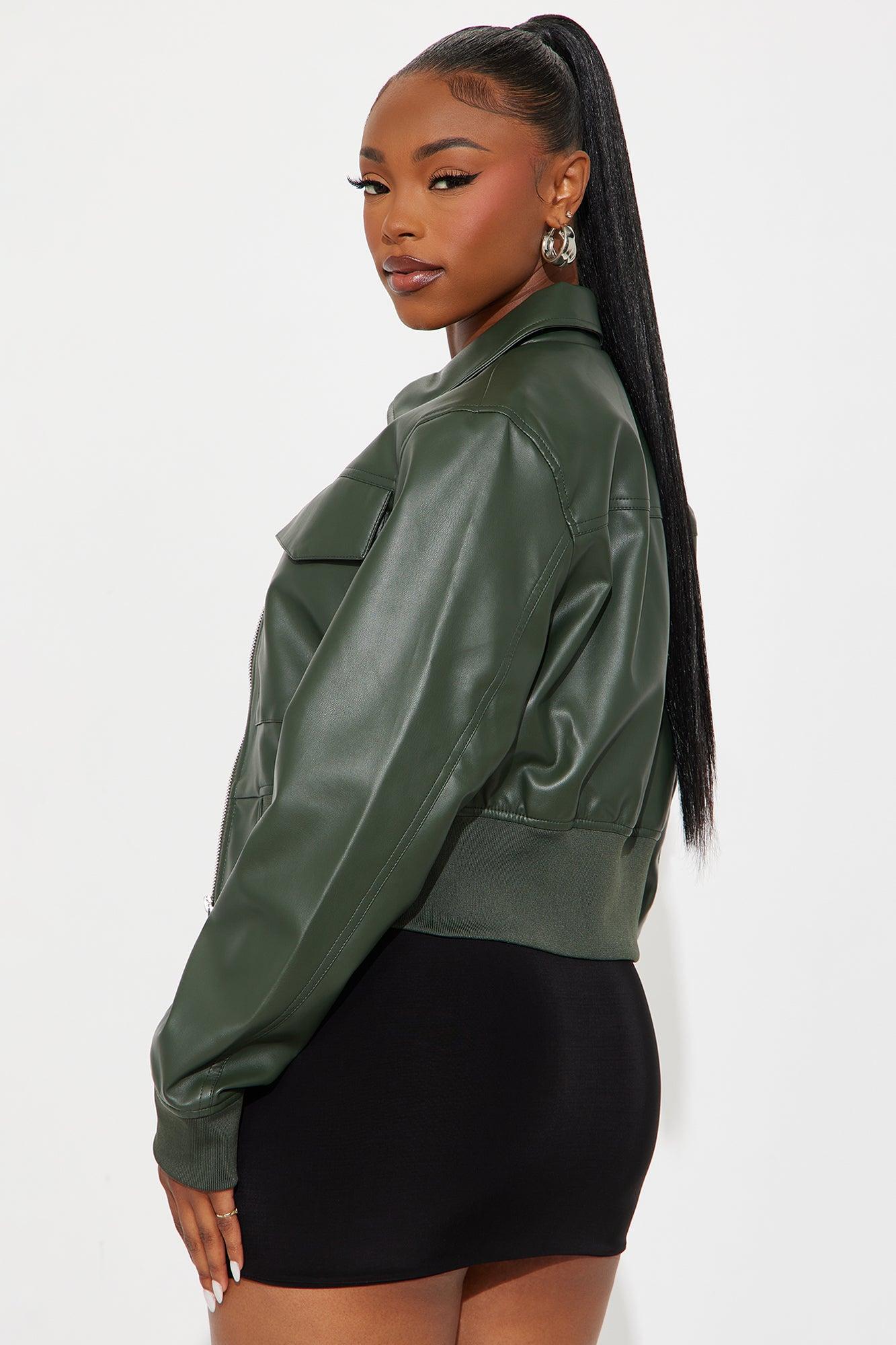 Jordyn Faux Leather Bomber Jacket - Olive Female Product Image