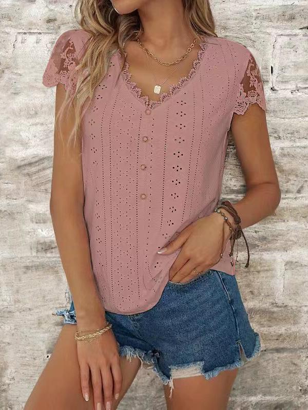 Loose Short Sleeves Buttoned Hollow Mesh Split-Joint V-Neck T-Shirts Tops Product Image
