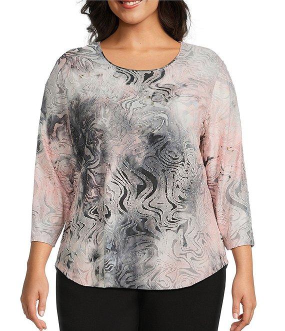 Allison Daley Plus Size Wavy Jod Tie-Dye 3/4 Sleeve Crew Neck Knit Top Product Image