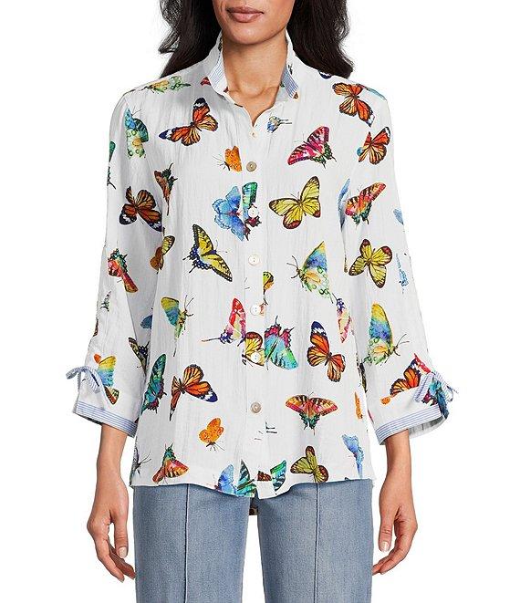 John Mark Butterfly Print Wire Collar 3/4 Sleeve Button Front Tunic Product Image