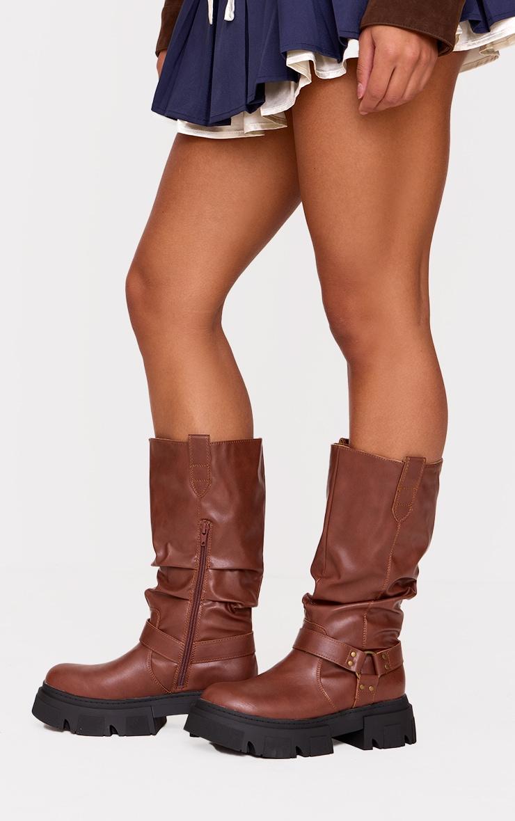 Tan Round Toe Buckle Knee High Chunky Boots Product Image