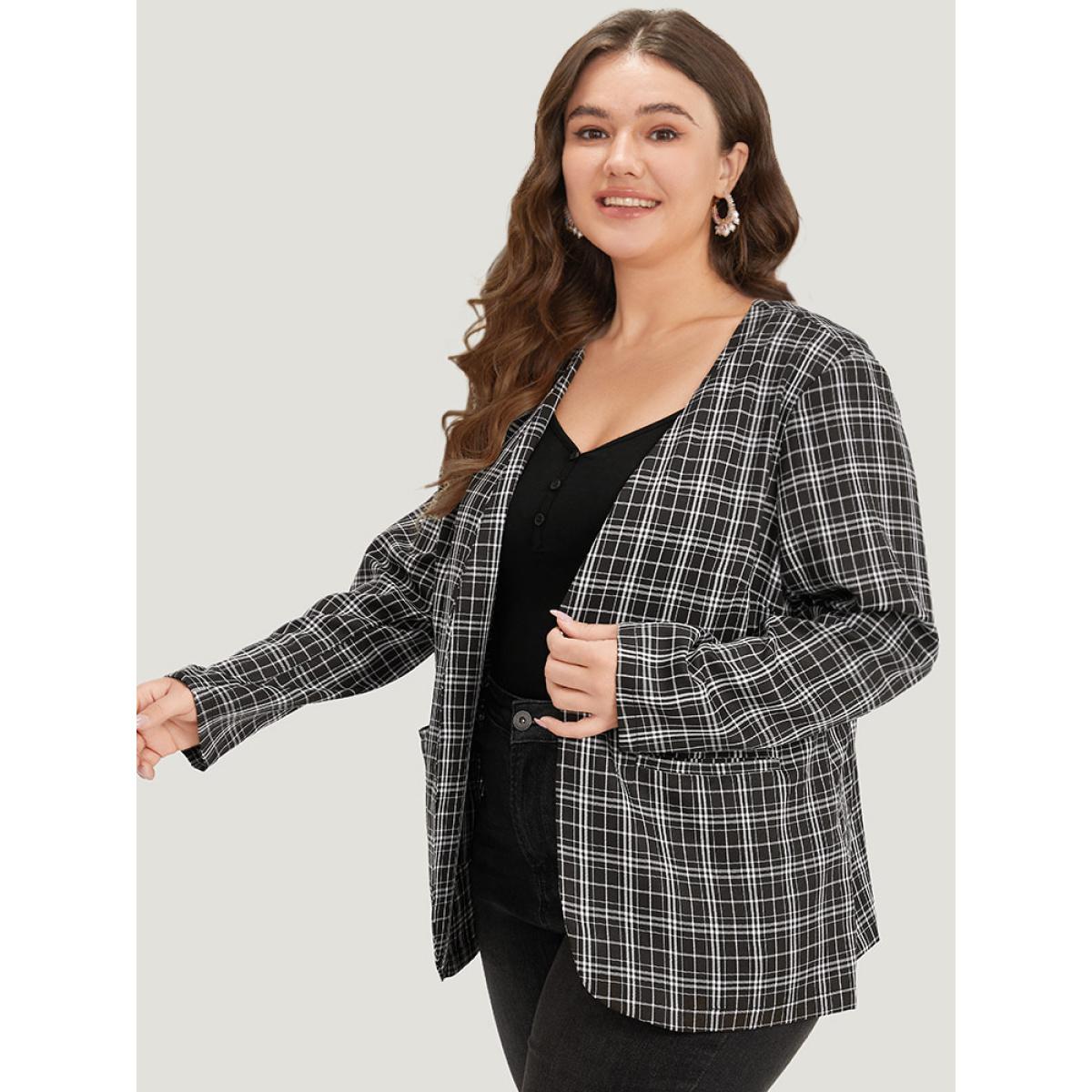 Plus Size Plaid Pocket Open Front Blazer Black Women Dailywear Plaid Pocket Sleeve Long Sleeve Open Front 18-20/2X Pocket Casual Blazers BloomChic Product Image