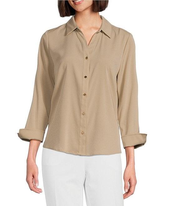 Investments Woven 3/4 Sleeve Point Collar Button Front Split Cuff Top Product Image