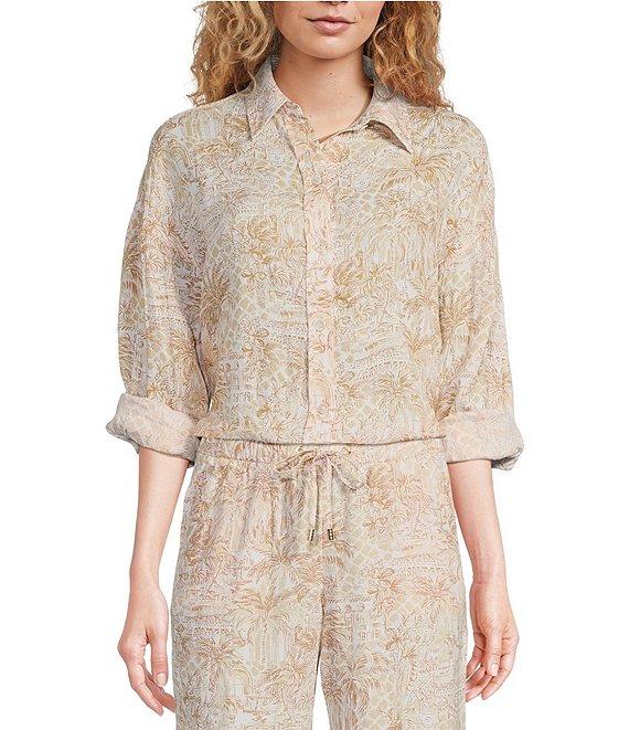 Lilly Pulitzer Stevey Relax Woven Linen Sand Bar Palm Beach Print Point Collar Long Sleeve Button Down Coordinating Shirt Product Image