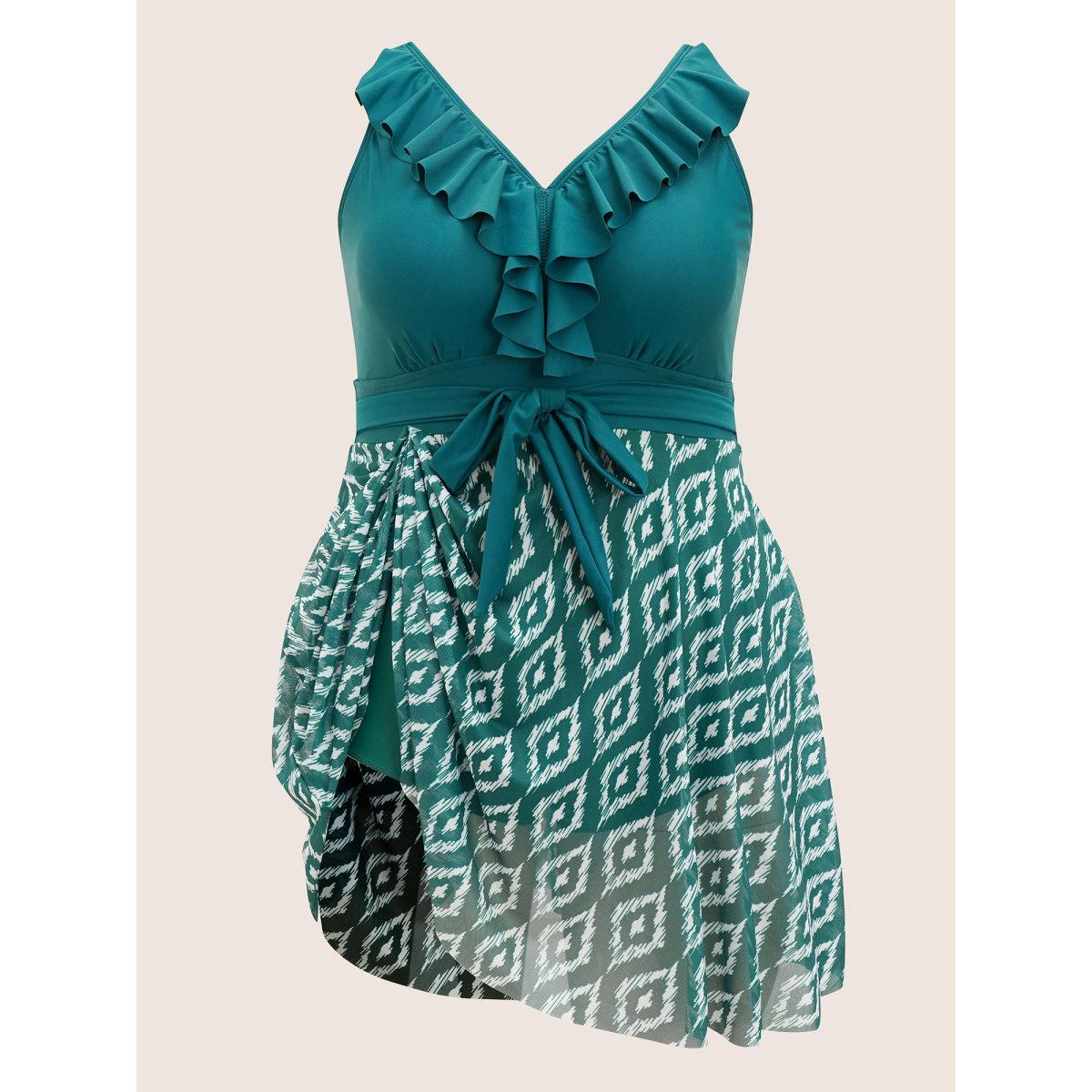 Plus Size Geometric Patchwork See Through Ruffles Swim Dress Women's Swimwear DarkGreen Beach Bodycon V-neck High stretch Curve Swim Dresses BloomChic 28/5X Product Image