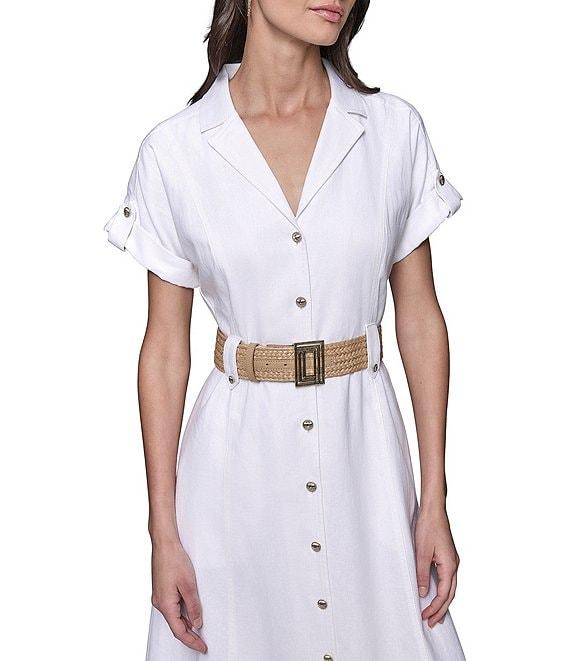 KARL LAGERFELD PARIS Linen-Blend Notch Collar Neck Short Sleeve Belted Button Front Shirt Midi Dress Product Image
