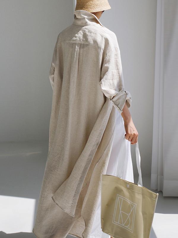 Simple Long Sleeves Split-Side Solid Color Lapel Midi Dresses Shirt Dress Product Image