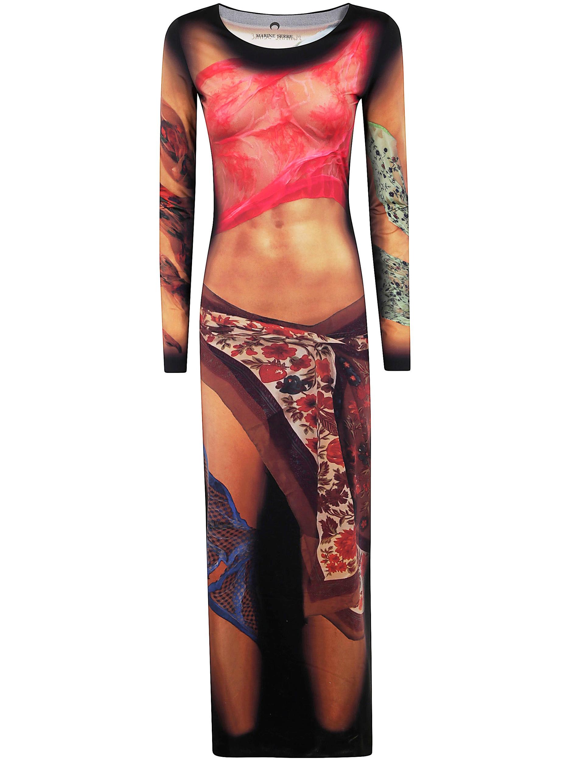 MARINE SERRE Multicolor Long Dress With All-over Graphic Print In Tech Fabric Woman In Beige Product Image