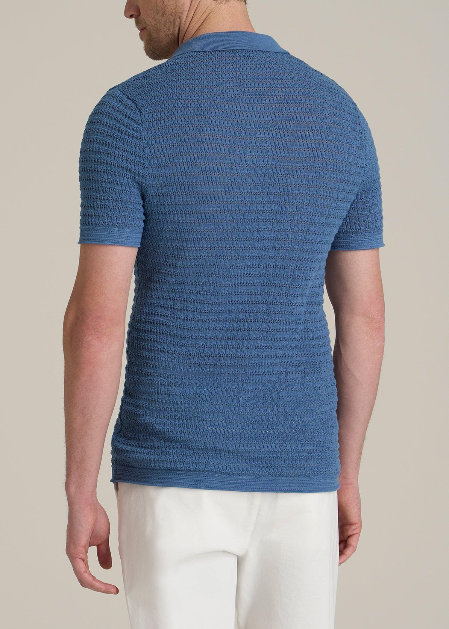 Short Sleeve Crochet Polo Cardigan for Tall Men in Deep Cobalt Male Product Image