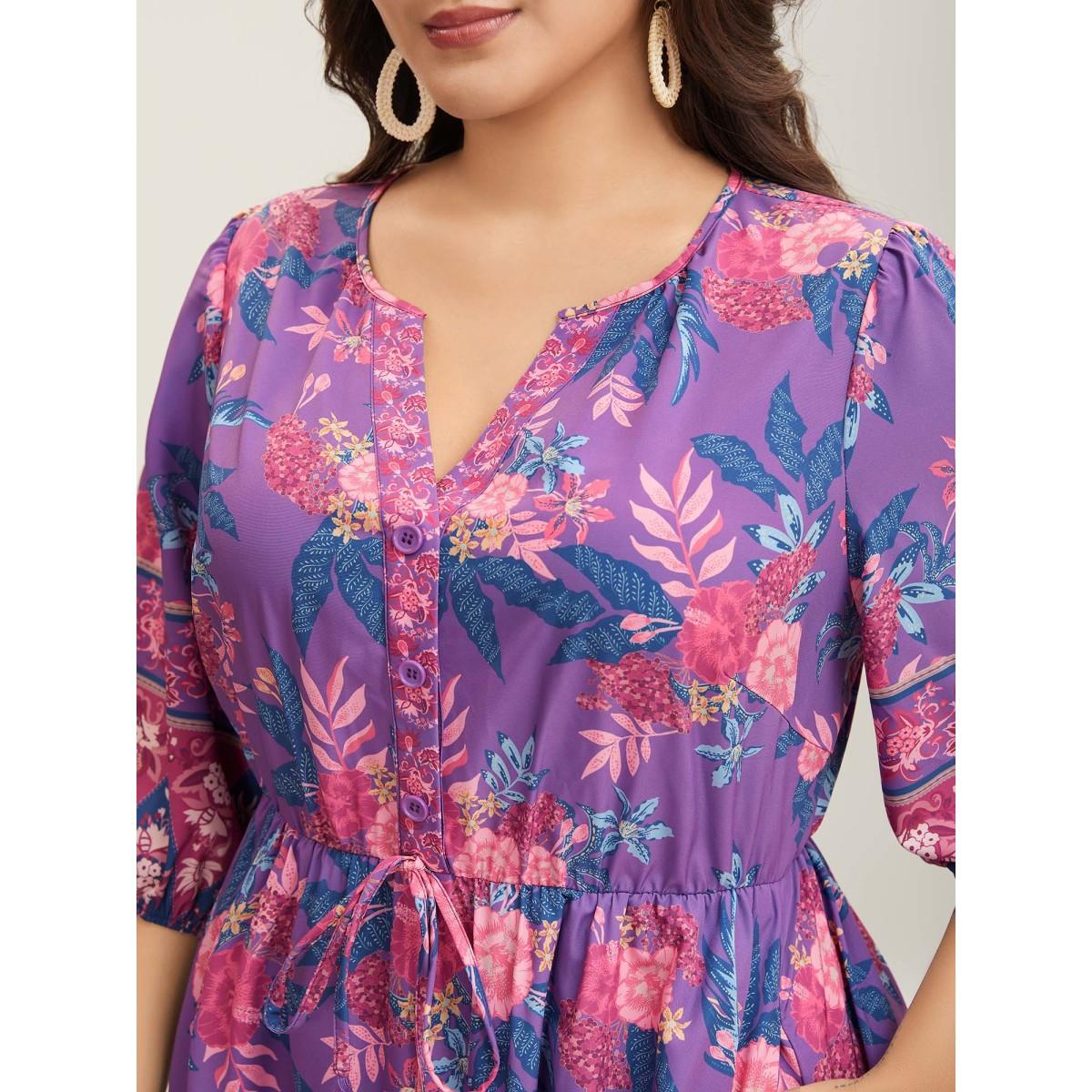 Plus Size Large Flower Print Split Neck Midi Dress DarkViolet Women Notched collar Elbow-length sleeve Curvy BloomChic 14-16/1X Product Image