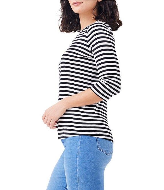 NIC + ZOE NZT Jersey Knit Striped Print Boat Neck 3/4 Sleeve Tee Shirt Product Image