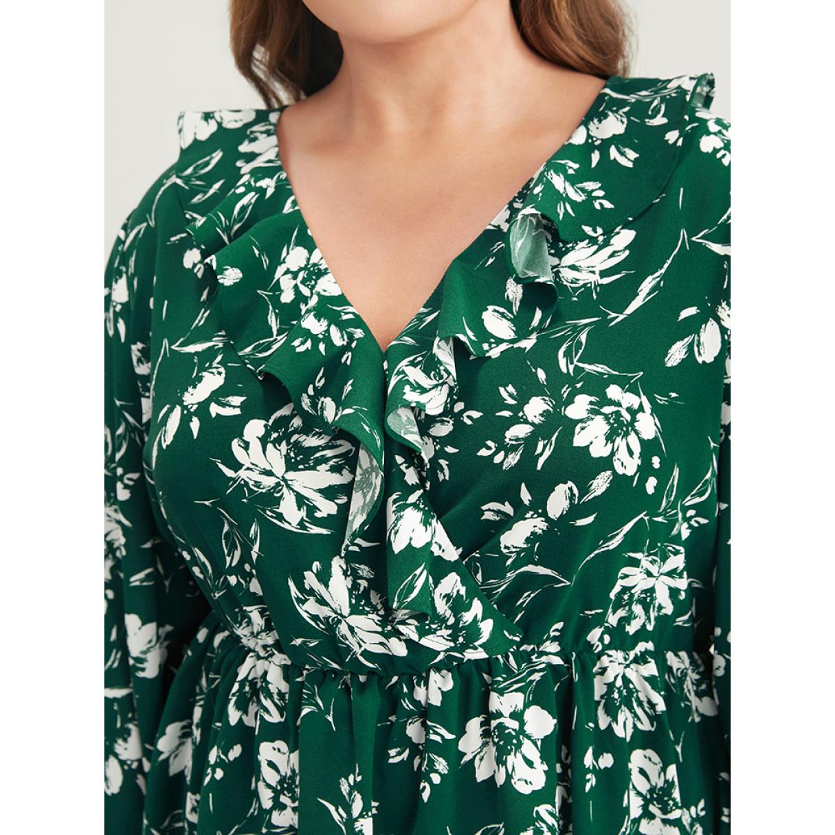Plus Size DarkGreen Floral Ruffles Trim Lantern Sleeve Blouse Women Casual Long Sleeve V-neck Dailywear Blouses BloomChic 22-24/3X Product Image