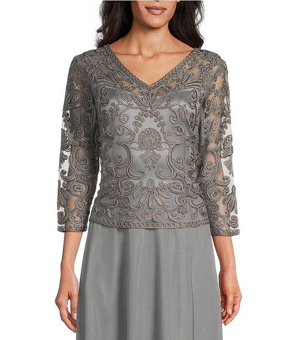 Soulmates V-Neck 3/4 Sleeve Soutache Lace Bodice A-Line Gown Product Image
