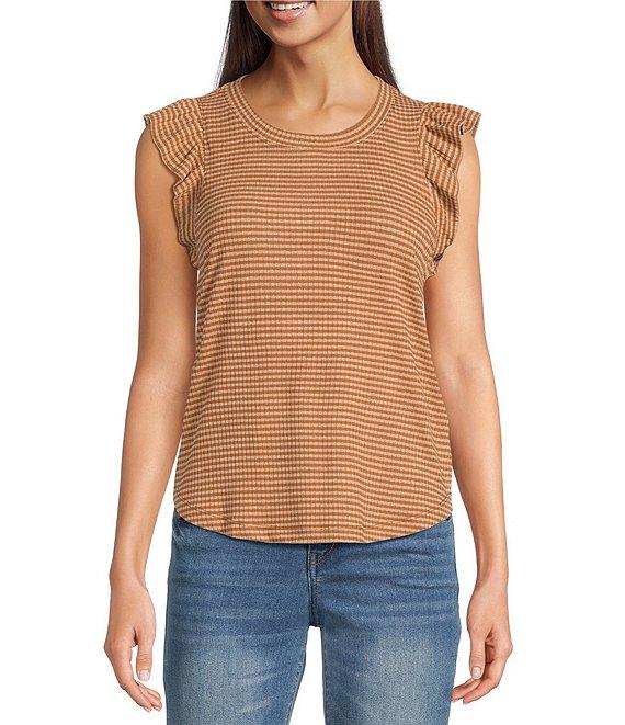 Democracy Lurex Stripe Crew Neck Ruffle Cap Sleeve Knit Top Product Image