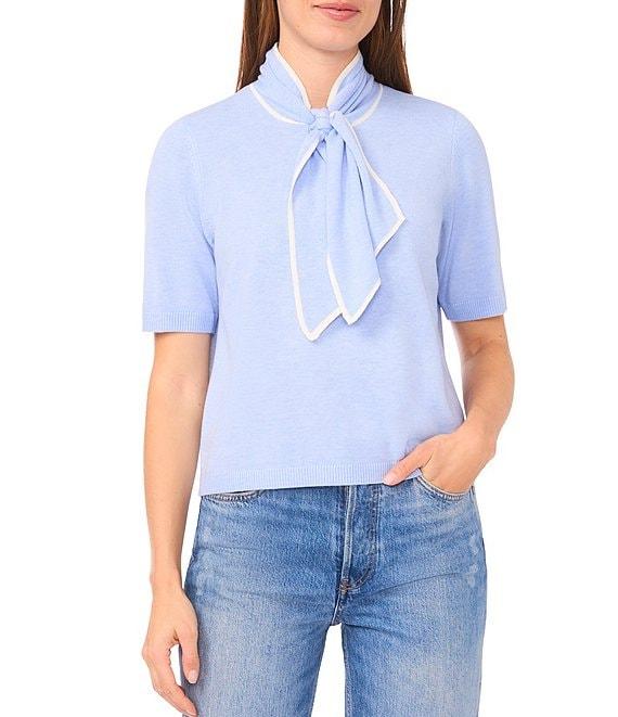 CeCe Knit Tie Neck Short Sleeve Sweater Product Image