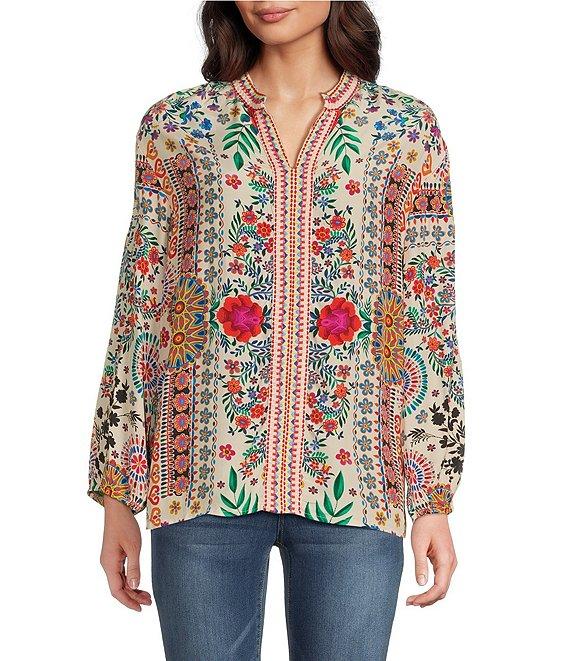 Karyn Seo Ziggy Floral Embroidered Notch V-Neck 3/4 Sleeve Blouse Product Image