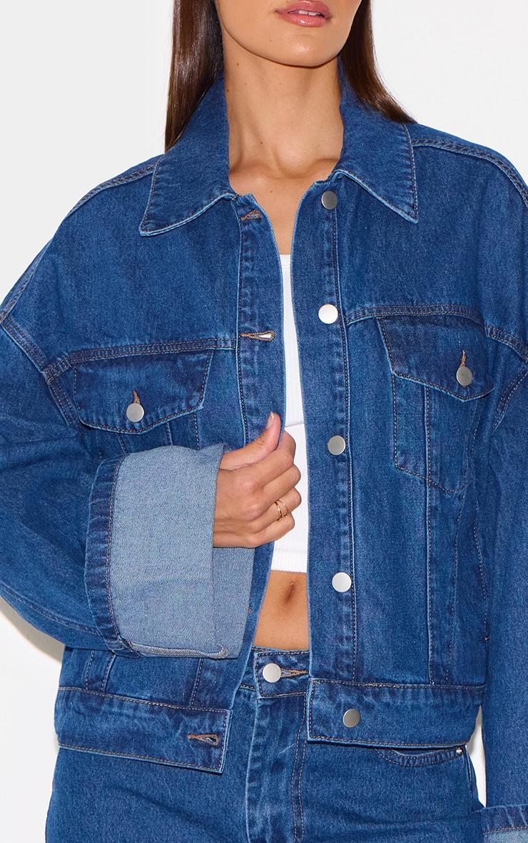 Mid Blue Wash Contrast Stitch Turn Up Cuff Oversized Denim Jacket Product Image