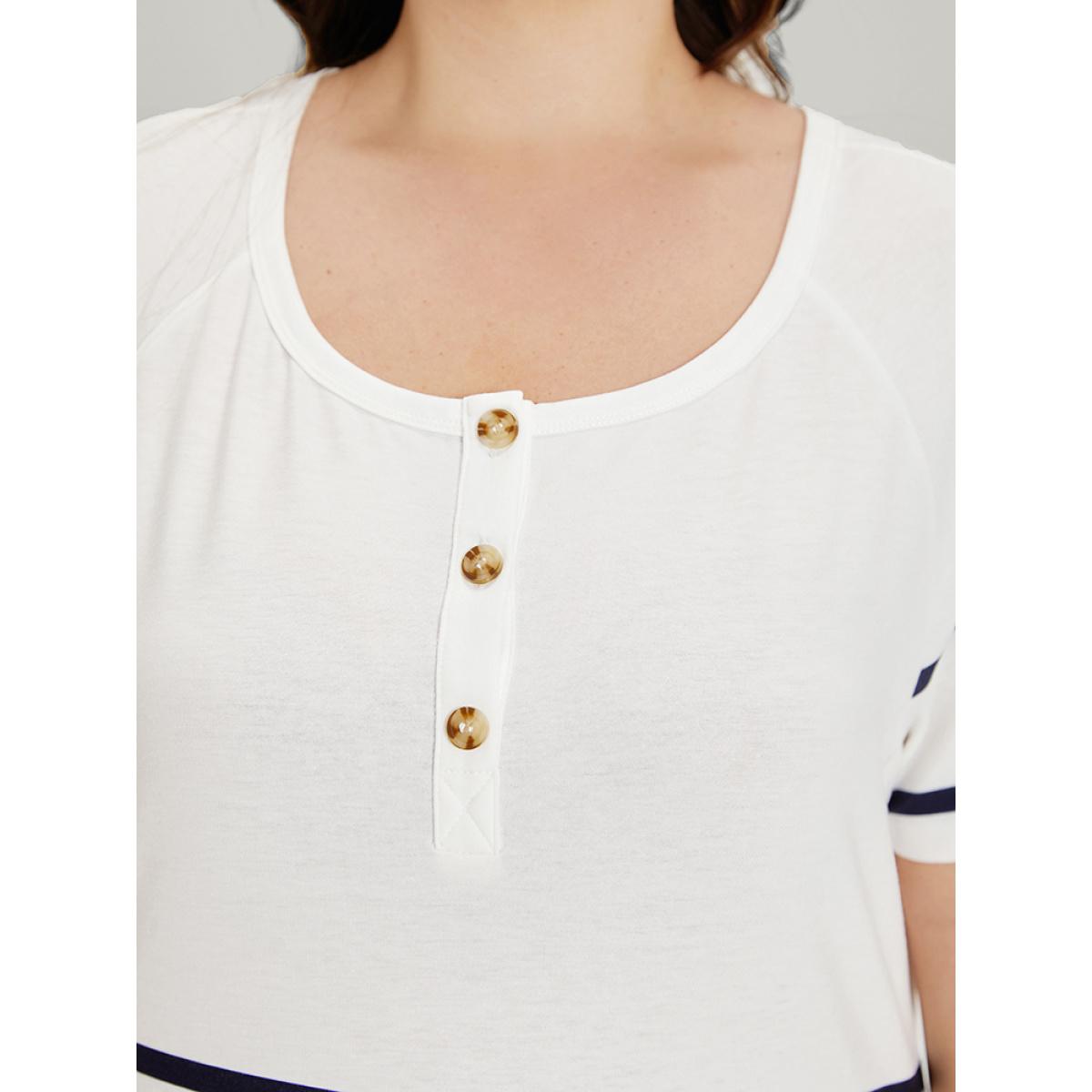 Plus Size Striped Button Through Pocket Raglan Sleeve Dress White Women Casual Contrast Round Neck Short sleeve Curvy Midi Dress BloomChic 28/5X Product Image