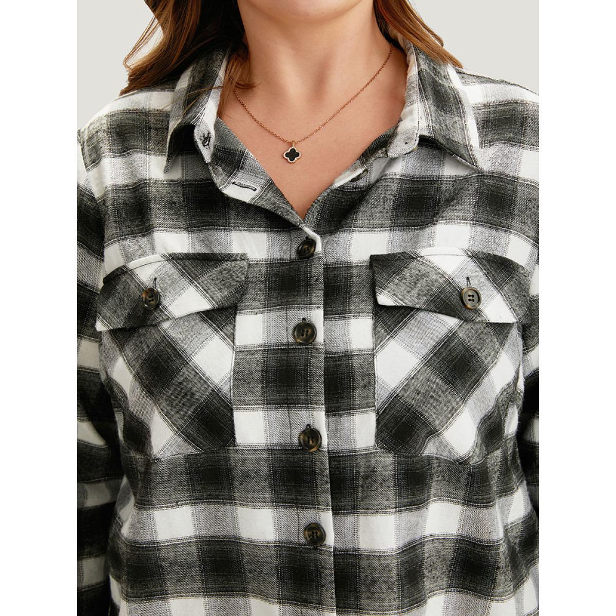 Plus Size Plaid Arc Hem Pocket Button Through Shirt Collar Coat Women Black Casual Arc Hem Ladies Dailywear Winter Coats BloomChic 14-16/1X Product Image
