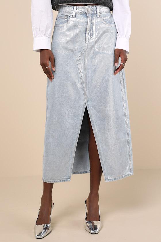 Modern Shine Light Wash Metallic Coated Denim Midi Skirt Product Image