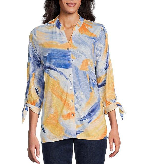 Allison Daley Petite Size 3/4 Tie Sleeve Y-Neck Button Front Knit Top Product Image