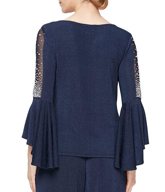 Alex Evenings Metallic Knit 3/4 Beaded Cascade Bell Sleeve Blouse Product Image