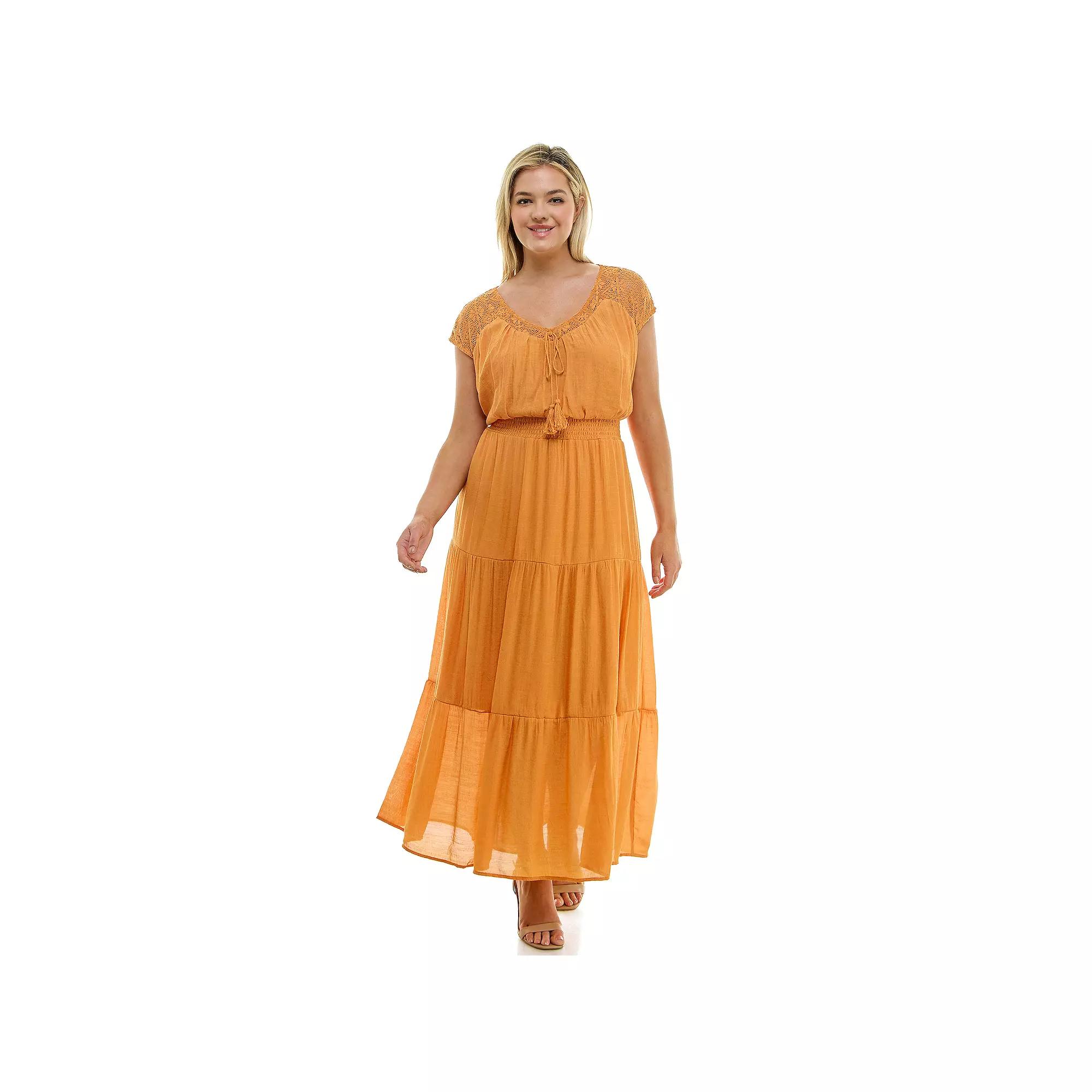 Plus Size Luxology Crochet Shoulder Gauze Maxi Dress, Women's, Size: 1XL, Orange Glow Product Image