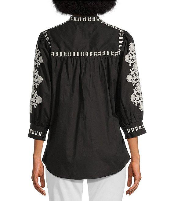 Calessa Embroidered Split V-Neck 3/4 Sleeve Button-Front Tunic Product Image