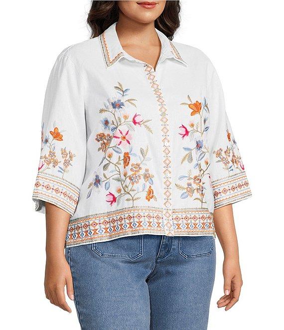 John Mark Plus Size Embroidered Floral Point Collar Short Sleeve Button-Front Blouse Product Image