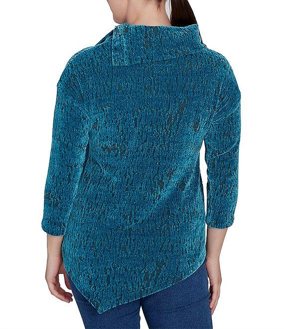 Ruby Rd. Knit Faux Fois Bois Print Split Cowl Neck 3/4 Sleeve Asymmetric Hem Sweater Product Image