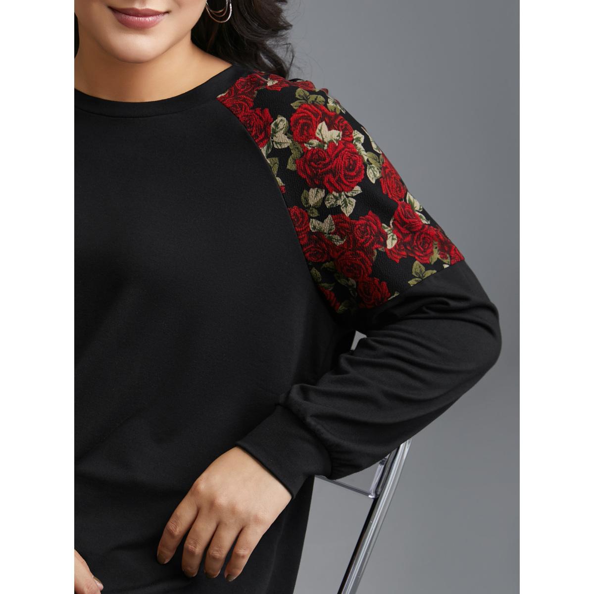 Plus Size Floral Raglan Sleeve Stretchy Fitted Sweatshirt Women Black Casual Contrast Round Neck Everyday Sweatshirts BloomChic 14-16/1X Product Image