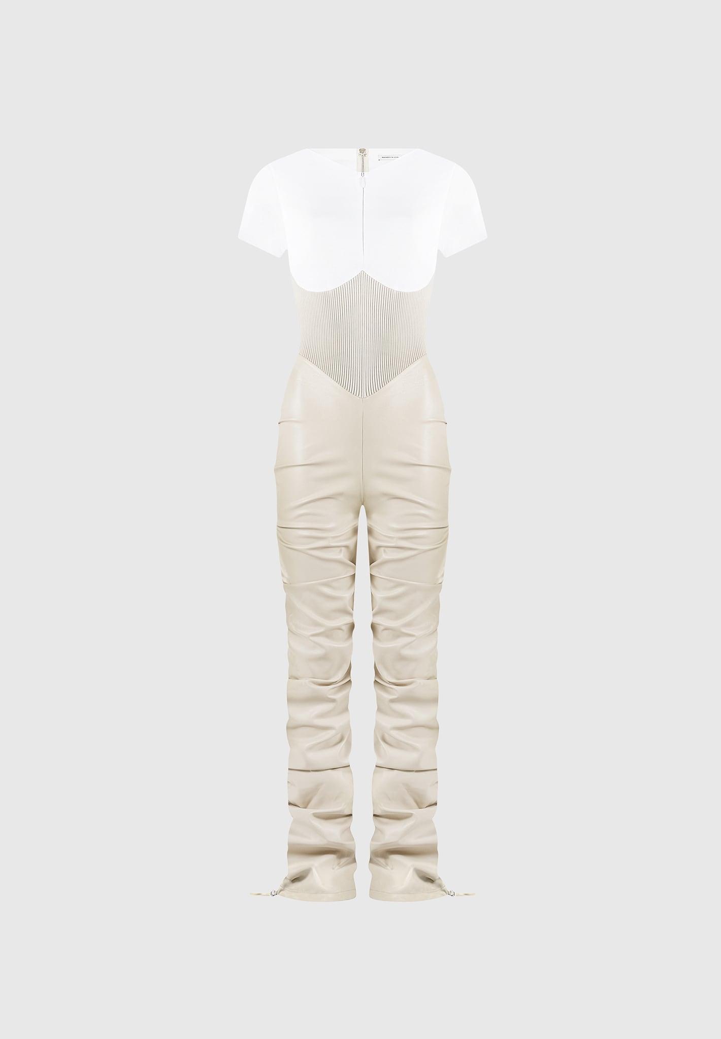Tacked Leather T-Shirt Jumpsuit - Beige Female Product Image