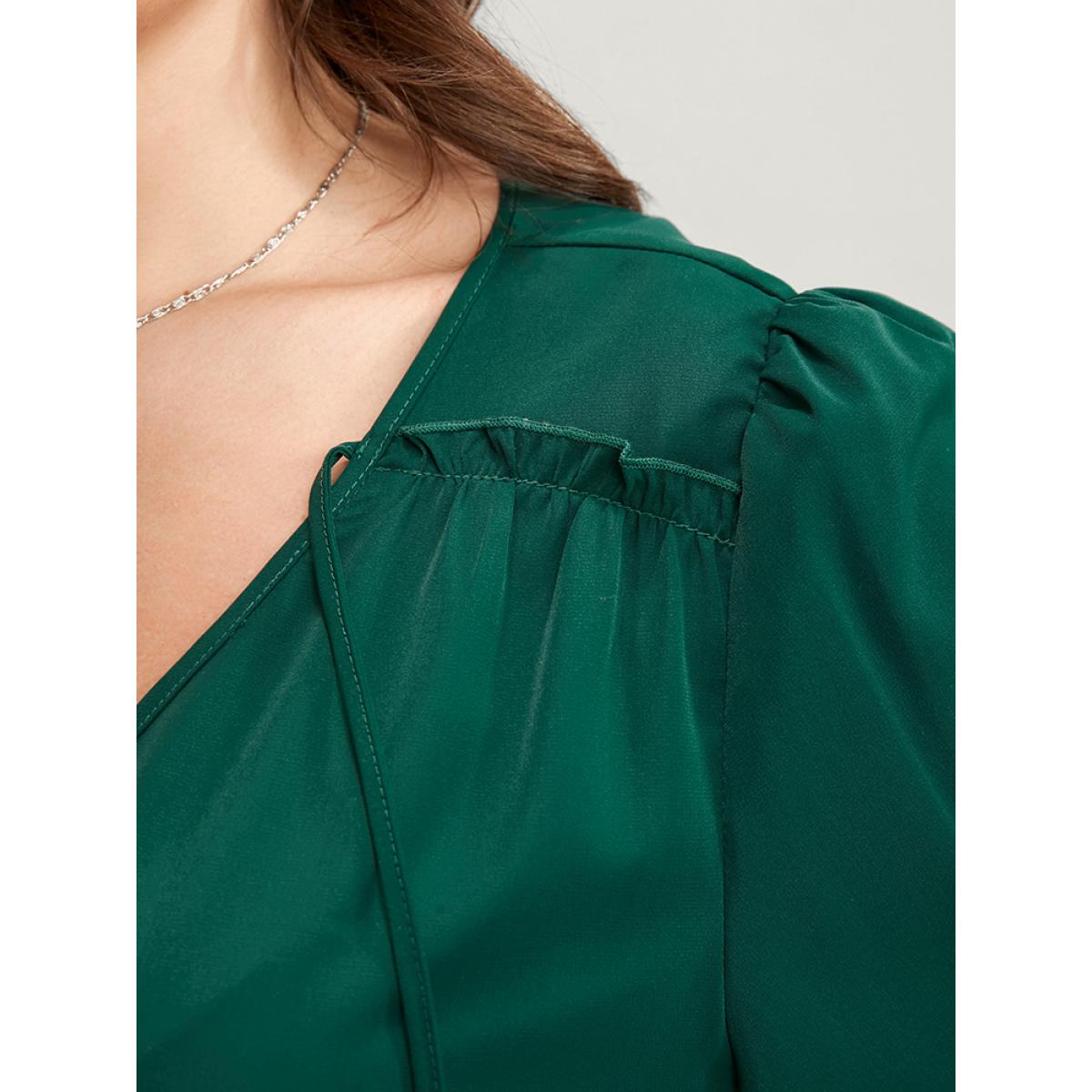 Plus Size Solid Pocket Shirred Tie V Neck Ruffle Hem Dress DarkGreen Women Elegant Cross straps V-neck Long Sleeve Curvy Midi Dress BloomChic 26/4X Product Image