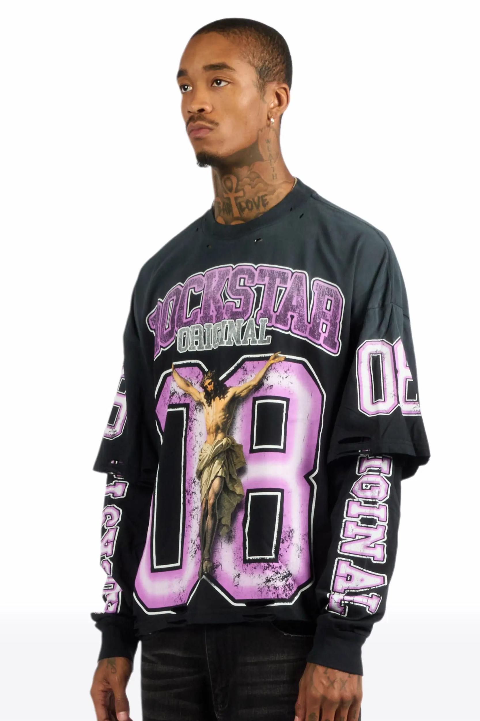 Fields Black/Purple Double Layer Long Sleeve Graphic T-Shirt Male Product Image