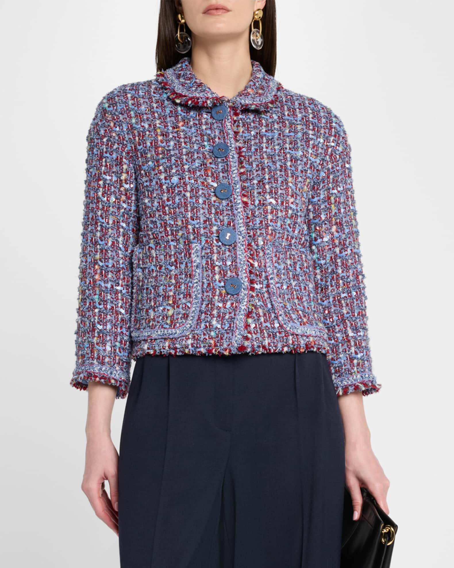 3/4-Sleeve Paillette Multi Tweed Caban Jacket Product Image