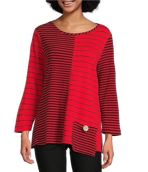 Ali Miles Yarn-Dyed Stripe Round Neck 3/4 Sleeve Tunic Product Image