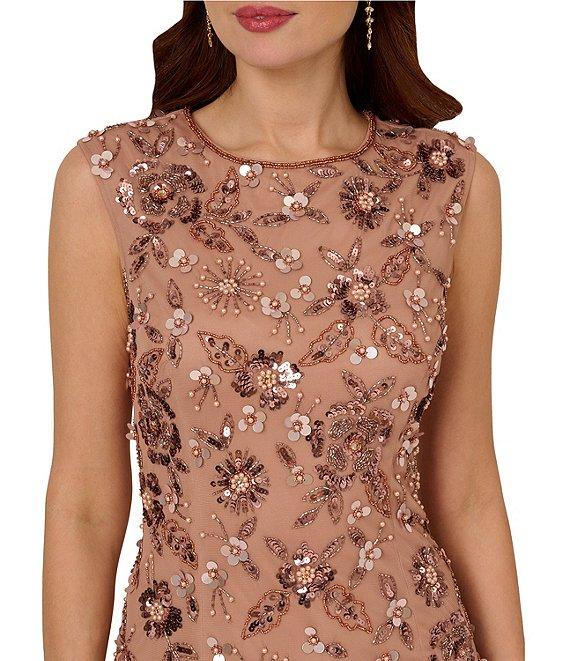 Adrianna Papell Beaded Mesh Boat Neck Cap Sleeve Dress Product Image