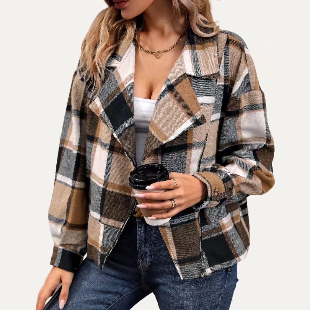 Chic Classic Plaid Collared Neck Asymmetrical Zipper Shacket Product Image